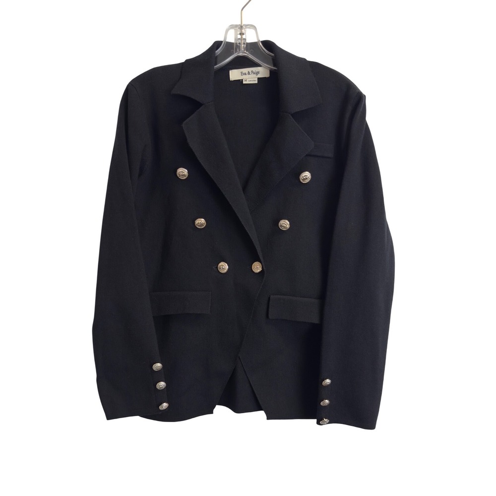 Eva & Paige Black Double‎ Breasted Knit Blazer Silver Crest Button Jacket Medium